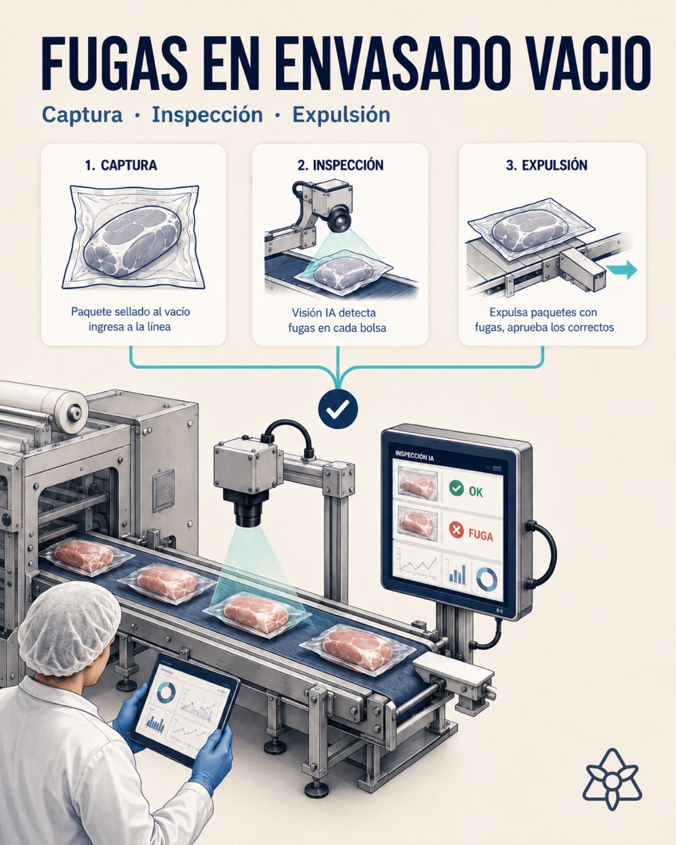 Meat thermosealer outfeed with an iLEAN Edge camera over the vacuum bags, side ejector and an operator supervising — leak detection with AI