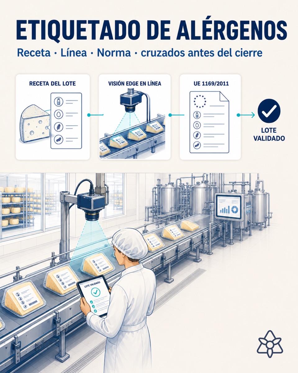 Cheese dairy packing line with an Edge camera over the label and a quality manager supervising — AI allergen labeling