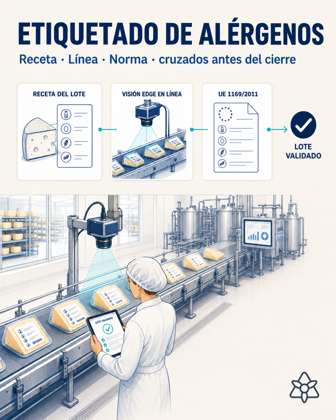 Línea de envasado de quesería con cámara Edge sobre la etiqueta, responsable de calidad supervisando — etiquetado de alérgenos con IA