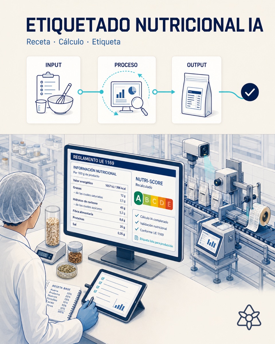 Food R&D room with a screen showing a nutrition panel computed by iLEAN from the recipe — automated labeling with AI