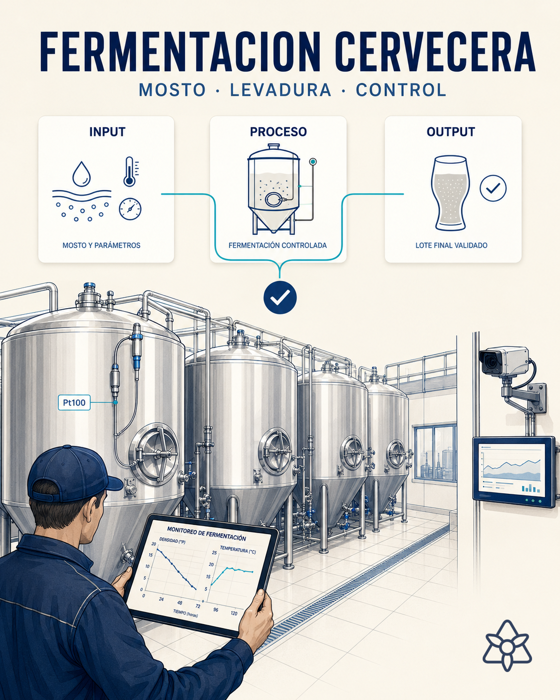 Sala de fermentación de cervecería con cubas cilindrocónicas, maestro cervecero leyendo curva en tablet con iLEAN — control IA de fermentación