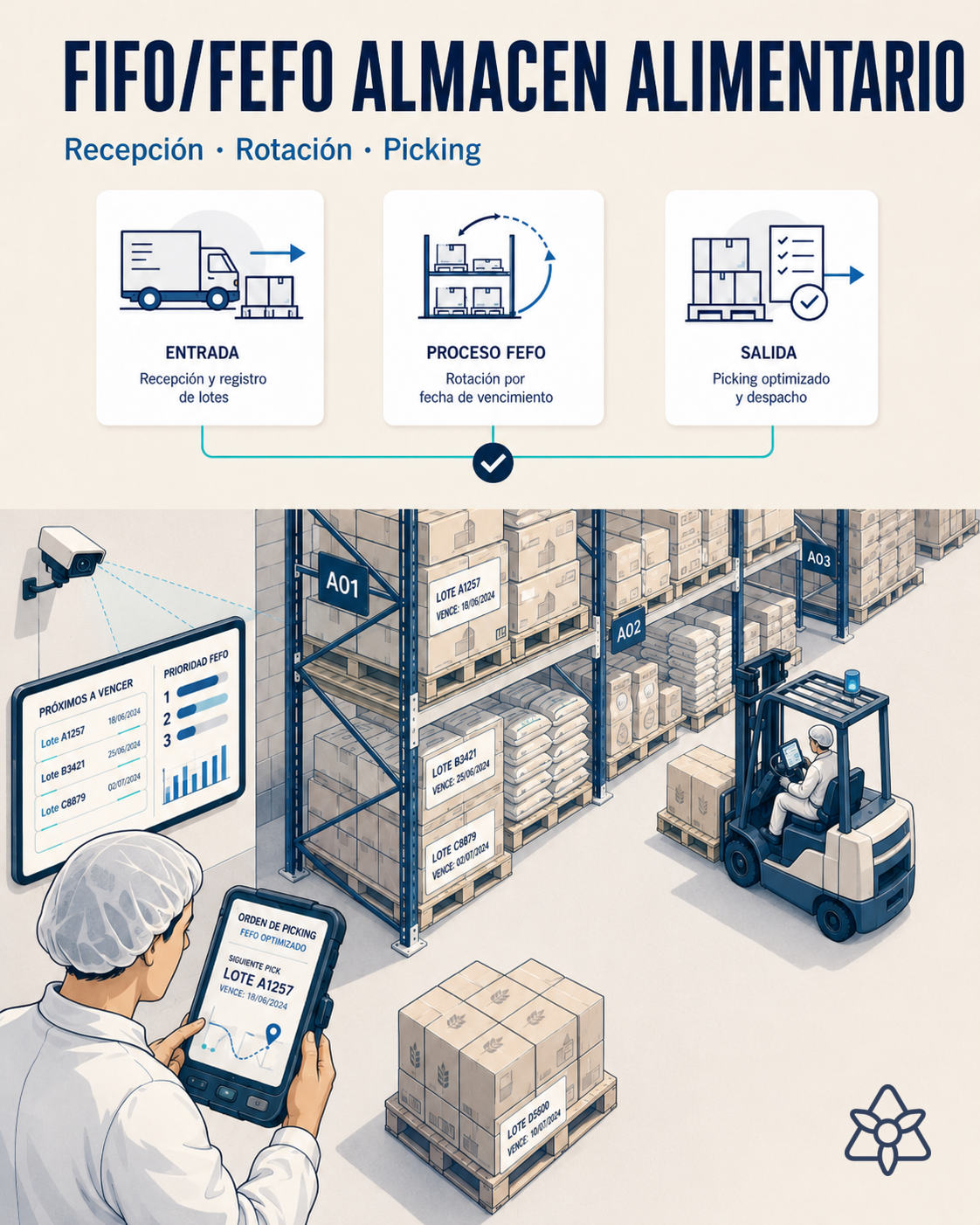 Pasillo de almacén alimentario con racks multi-SKU y carretillero con terminal RF — orden de picking FEFO dirigida por iLEAN cruzando caducidad y rotación
