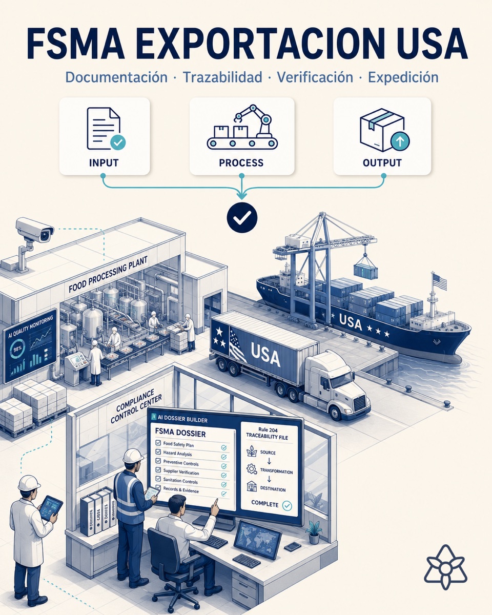 Food plant exporting to the US with a shipping dock, an iLEAN agent assembling the FSMA dossier and Rule 204 traceability on screen — FSMA compliance with AI