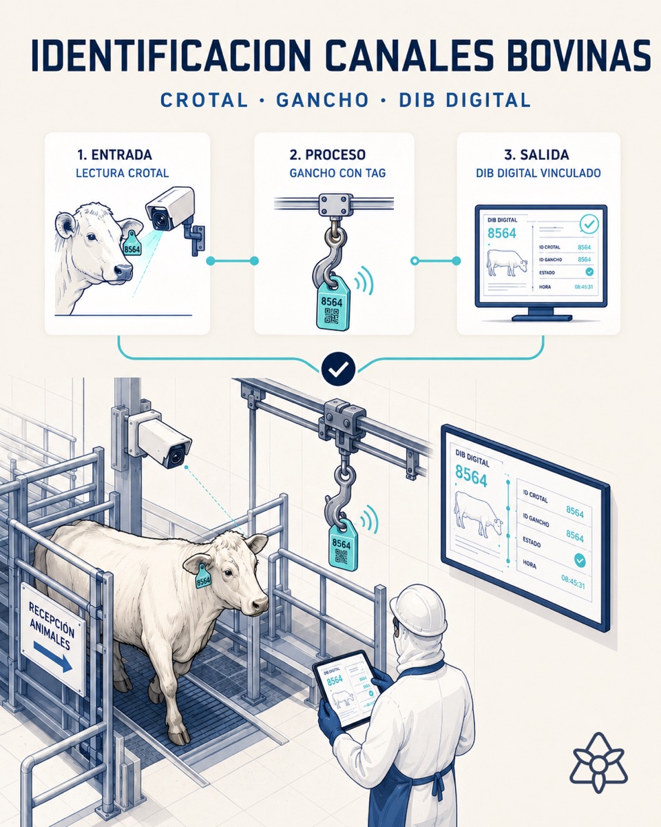 Beef slaughter hall with an iLEAN camera reading the ear tag on the animal's ear, a tagged hook and a screen showing the digital bovine passport — AI identification