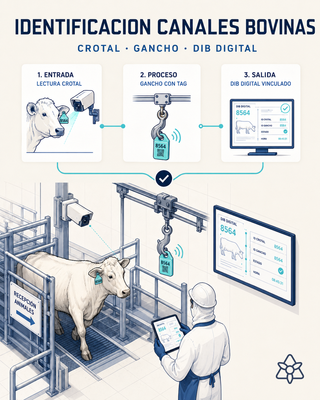 Sala de sacrificio bovino con cámara iLEAN leyendo crotal en oreja del animal, gancho con tag, pantalla mostrando DIB digital — identificación con IA
