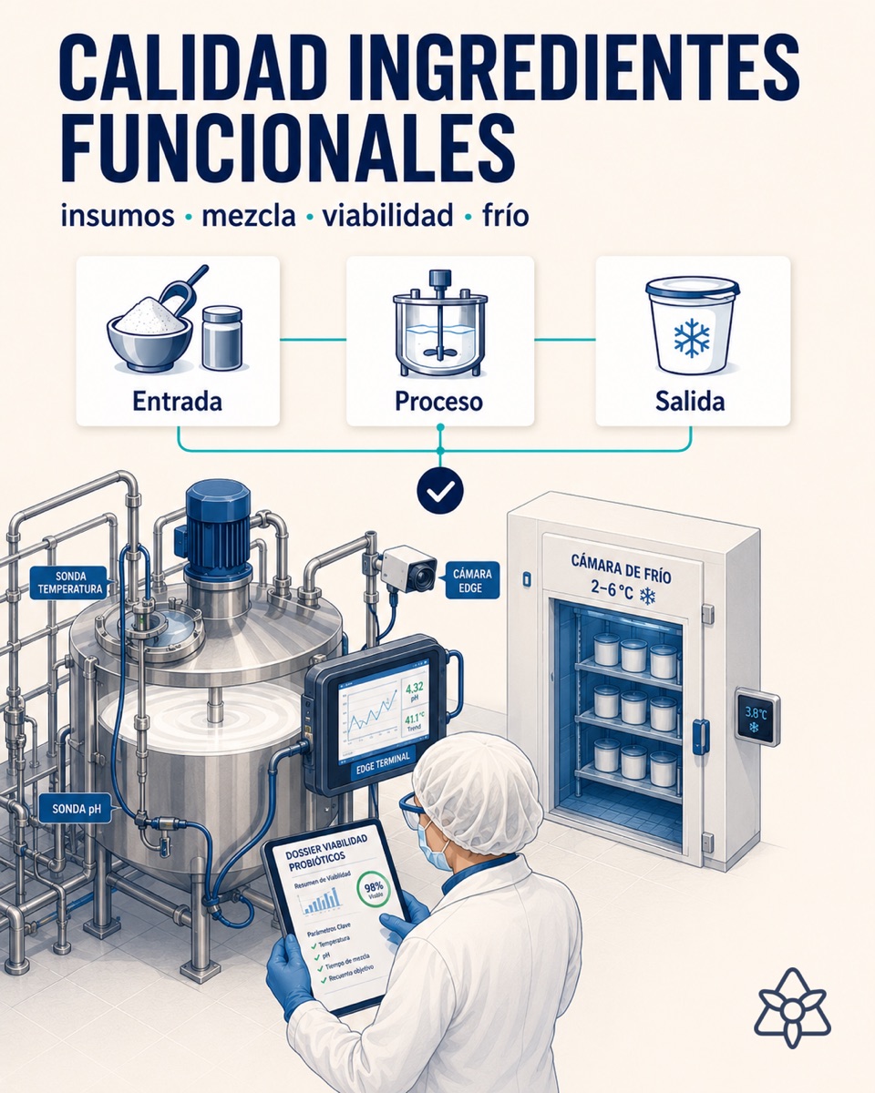 Functional ingredient blending room with temperature probes and an iLEAN terminal pulling in cold chain data — probiotic and prebiotic quality