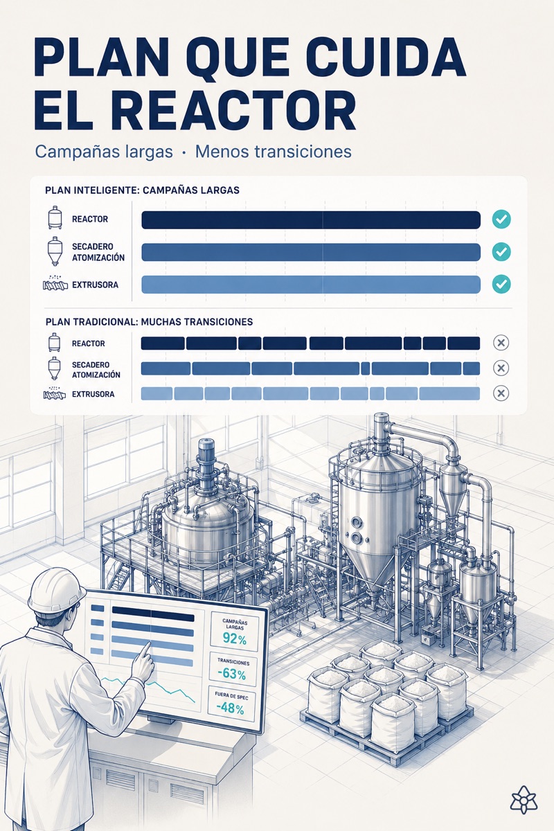 Production plan for an ingredients plant with the reactor, the dryer and the extruder running long campaigns and packing and milling planned separately