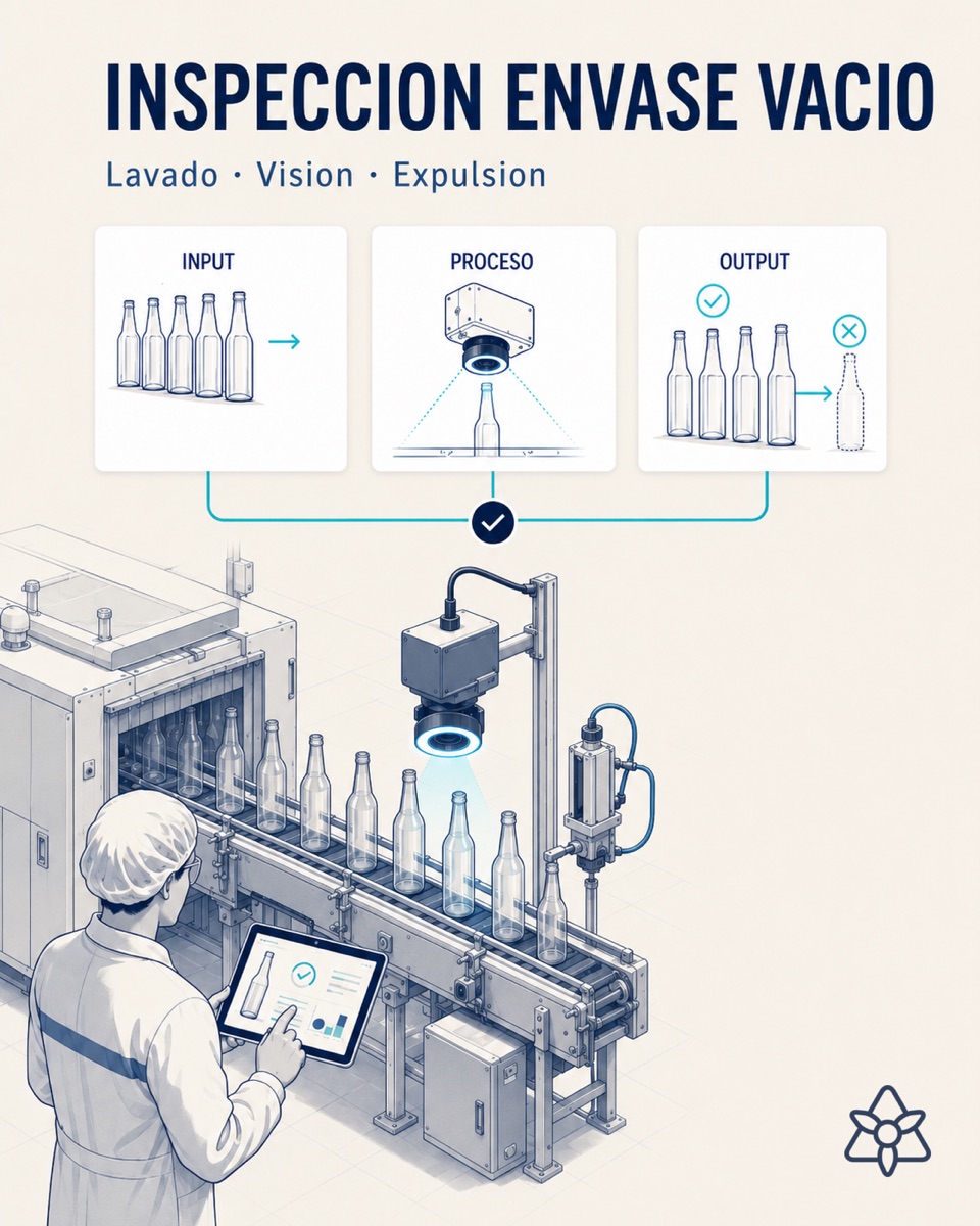 Empty glass bottles coming out of the washer with an iLEAN Edge camera over the conveyor — empty container inspection