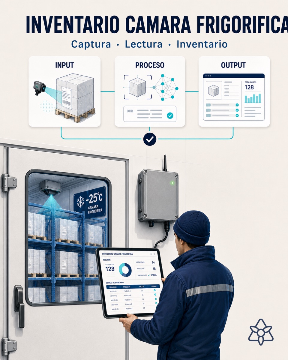 Freezer room at -25°C with pallet racking and an iLEAN Edge terminal in an IP66 enclosure reading labels with a CNN — AI vision inventory without opening the door