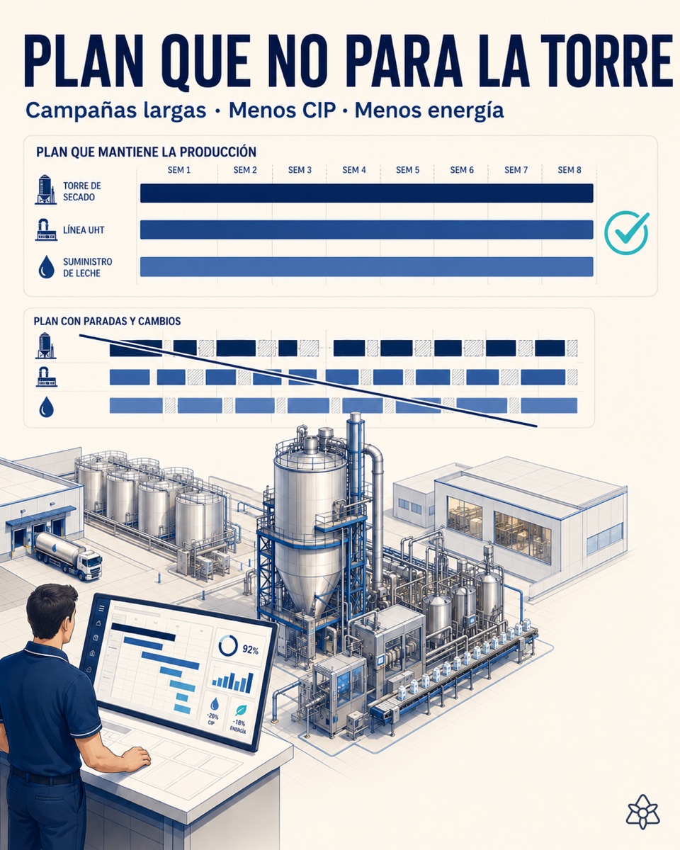 Production plan of a dairy plant with the spray-drying tower and the UHT line in long campaigns, and the packing and slicing centers planned separately