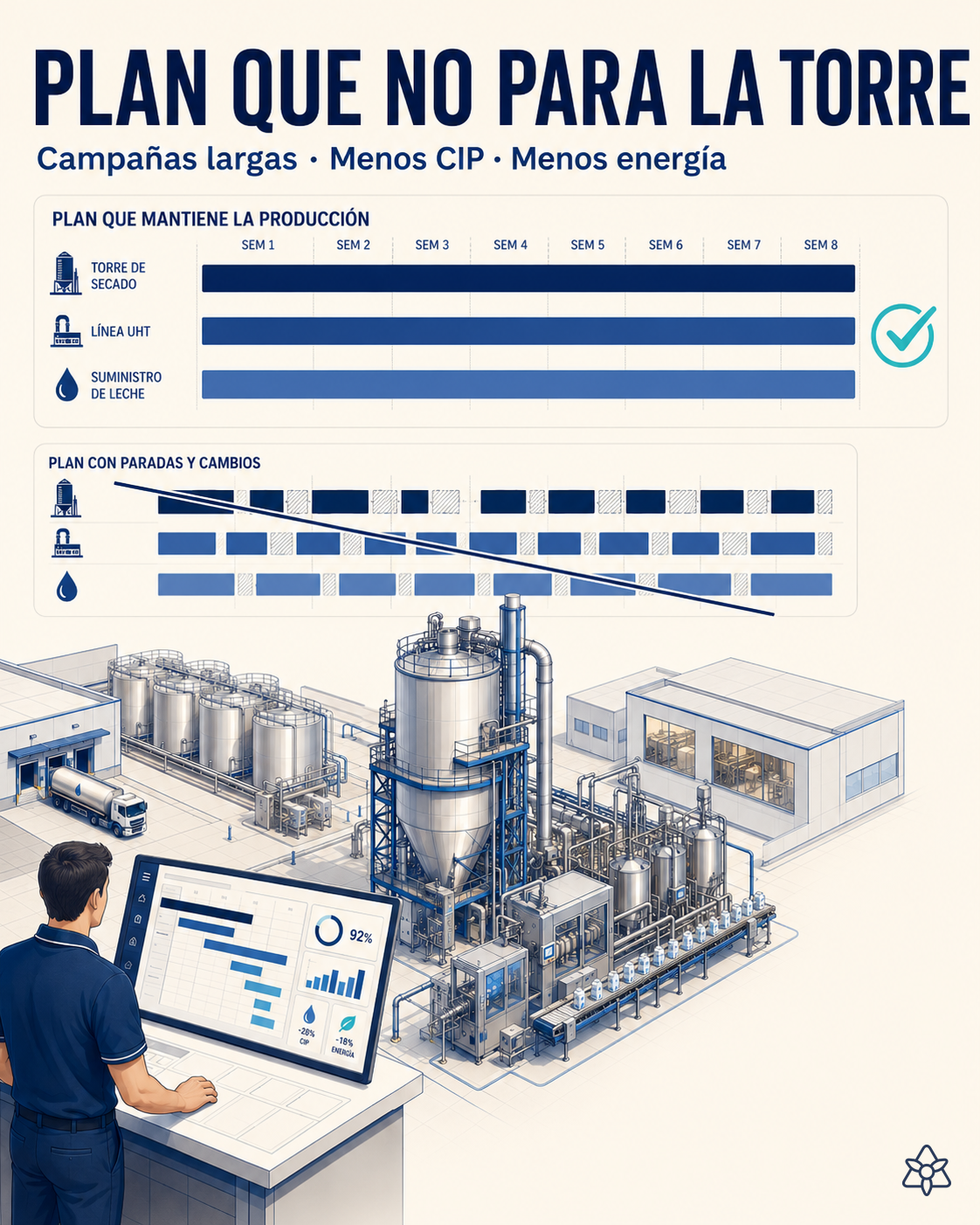 Plan de producción de una planta láctea con la torre de secado y la línea UHT en campañas largas y los centros de envasado y loncheado planificados aparte
