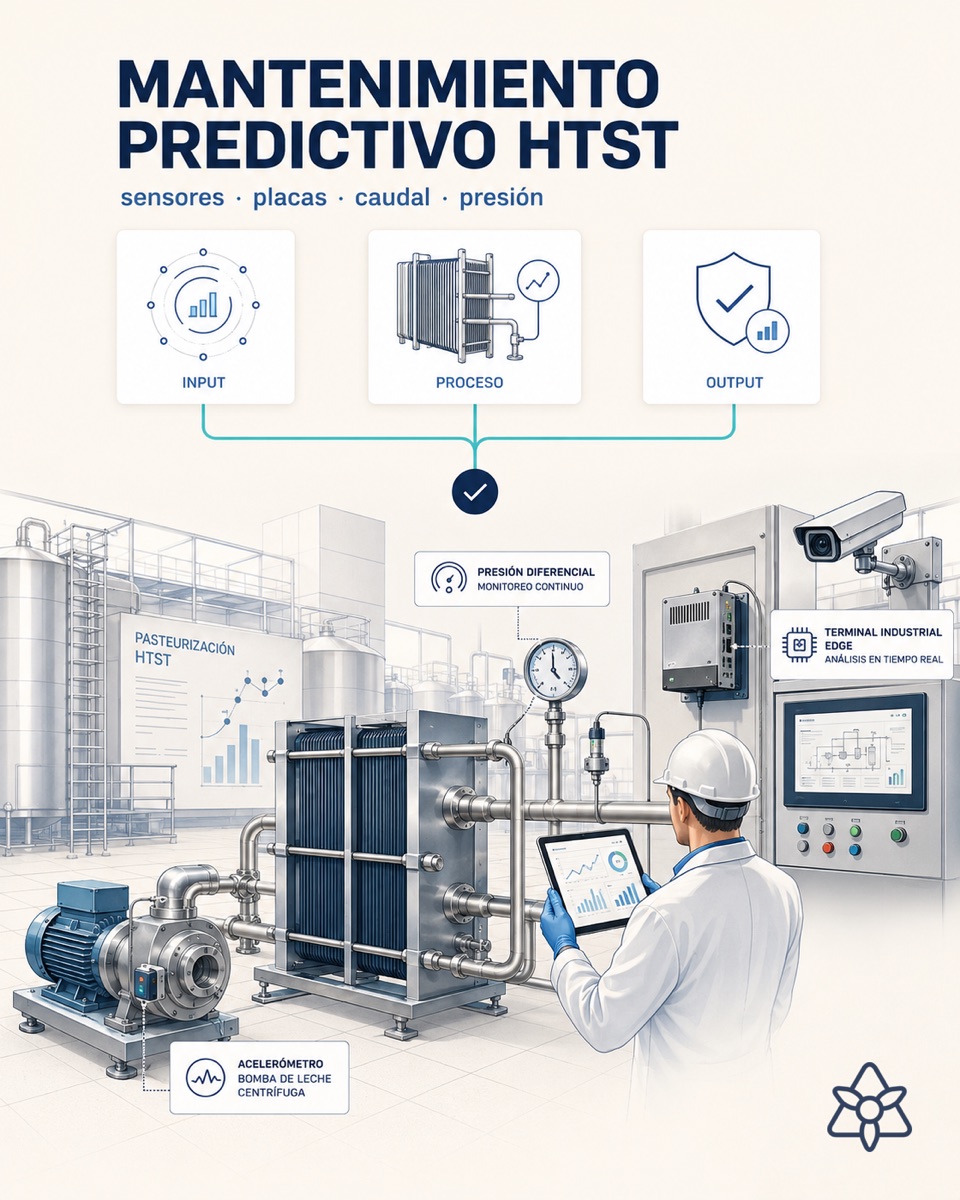 HTST pasteurizer with vibration sensors on the centrifugal pump and an Edge terminal reading differential pressure — predictive maintenance with AI