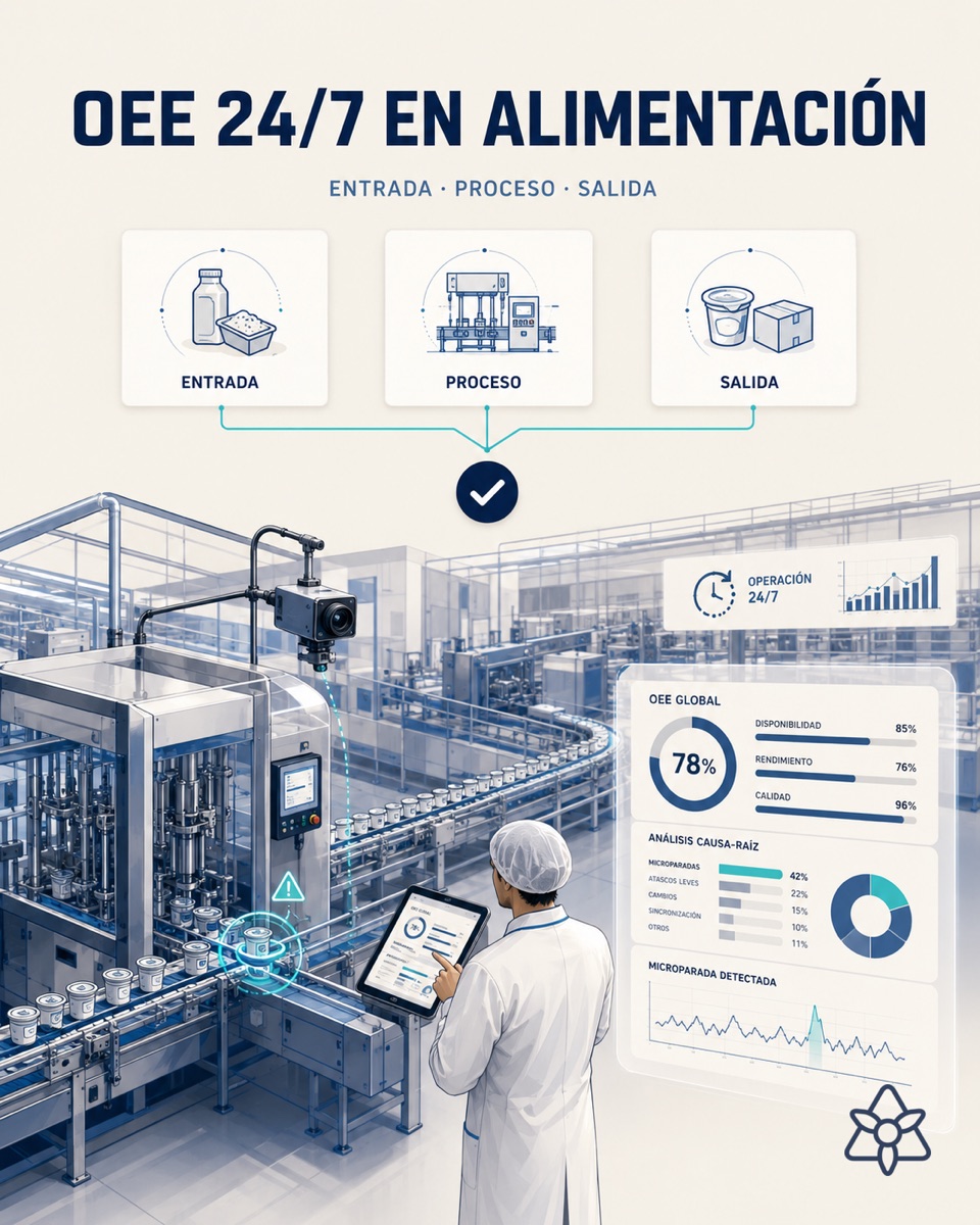 Food packing line with a panel showing live OEE calculated by iLEAN — 24/7 OEE with AI