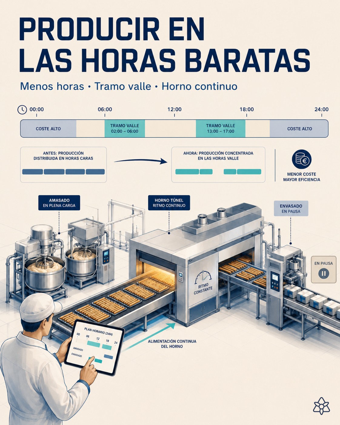 Plan de producción de una fábrica de pan con el horno en campañas largas y el amasado y envasado comprimidos en las franjas horarias de energía barata