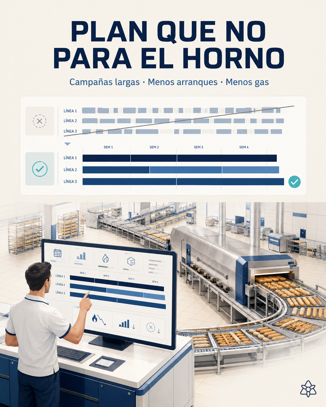 Plan de producción tipo Gantt de un horno túnel de panadería con campañas largas por línea y mínimos arranques, supervisado por el planificador