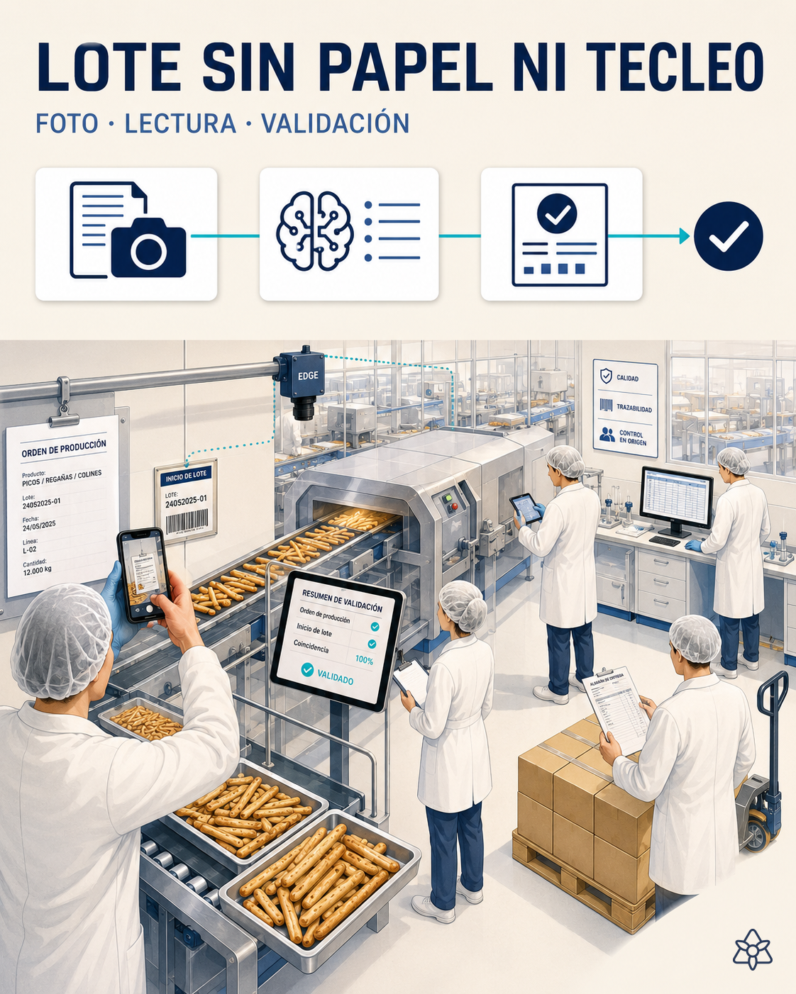 Operario de panadería fotografiando con el móvil la Orden de Producción en papel y la primera etiqueta de un lote de picos al arranque — Connect digitaliza ambas en el momento