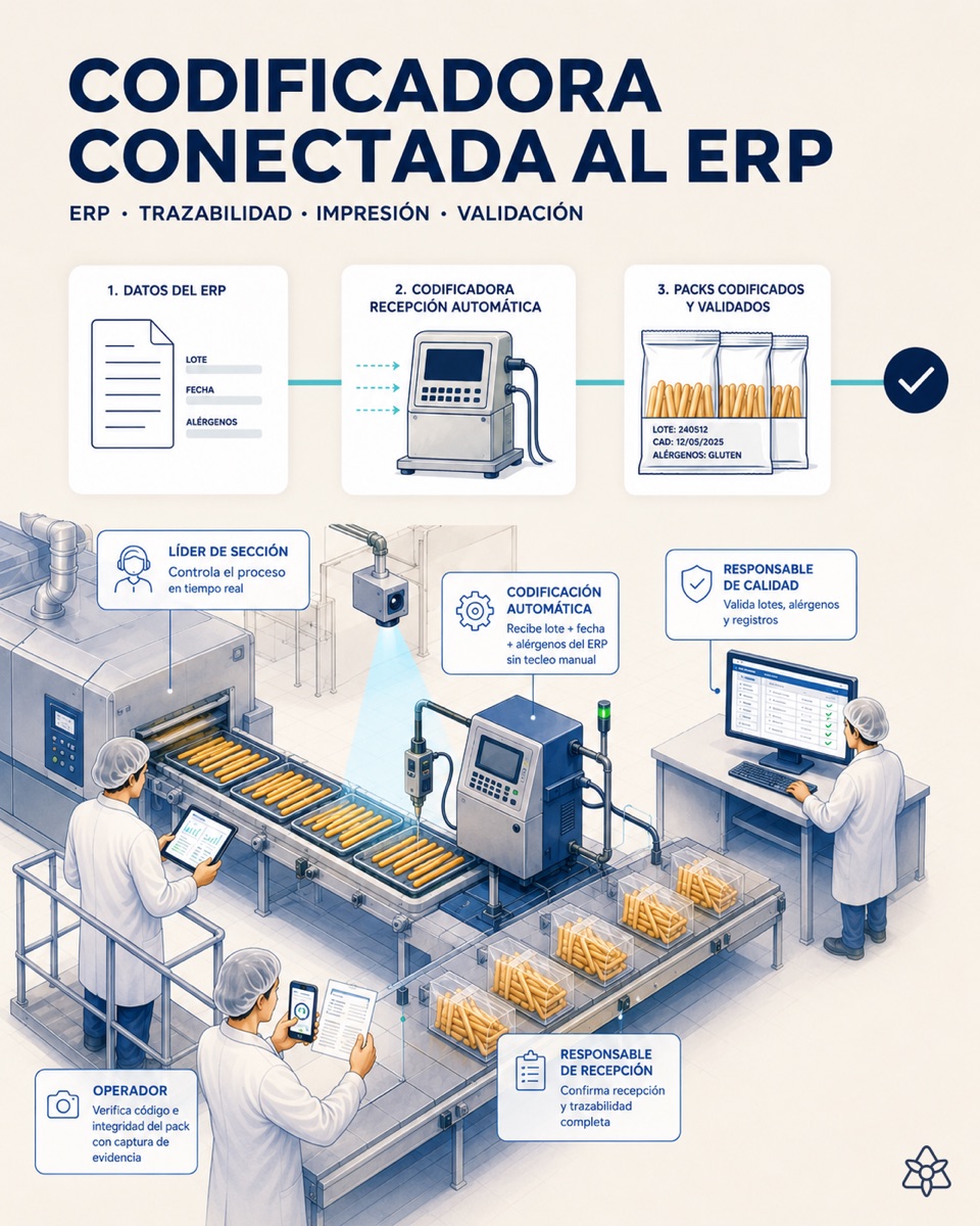 Markem-Imaje coder over a breadstick and crispbread packing line, integrated with the ERP via iLEAN Connect — no manual typing by the operator