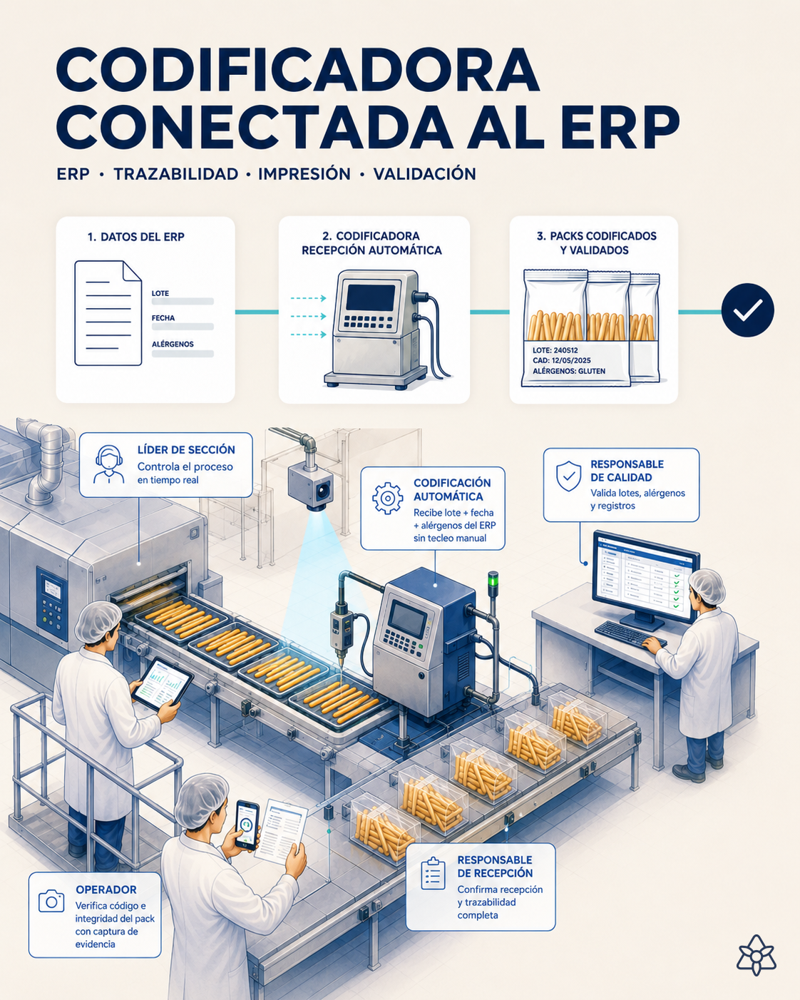 Codificadora Markem-Imaje sobre línea de envasado de picos y regañás, integrada con ERP vía iLEAN Connect — sin tecleo manual del operario