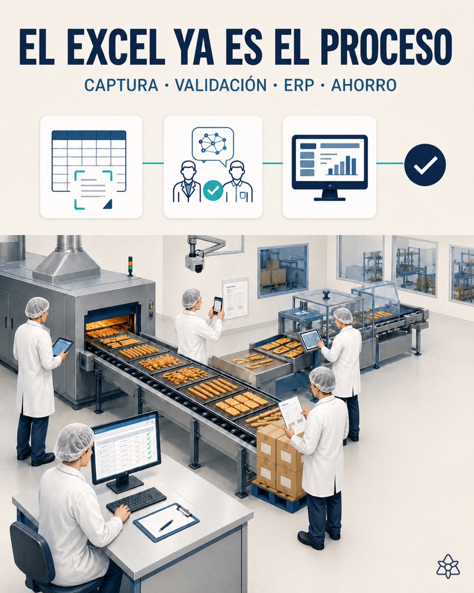 Quality control manager filling in the lab's Excel at a breadstick and crispbread factory, with iLEAN Connect absorbing each cell into the ERP