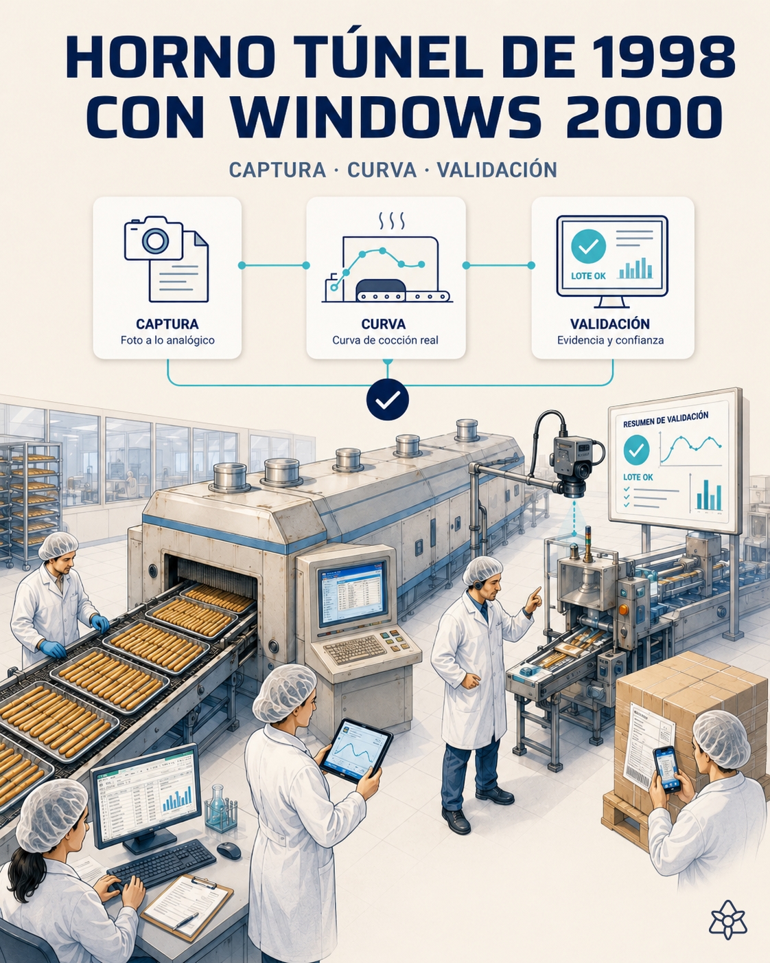 Horno túnel de picos y regañás con panel analógico de los años 90 y PC industrial aislado — captura iLEAN Connect en modo intermedio