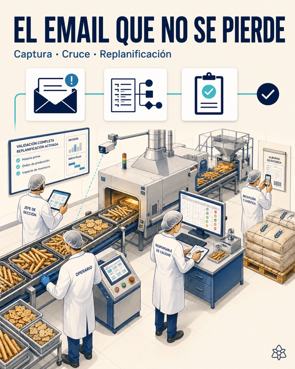 Purchasing manager's inbox with a supplier email warning of a flour delay — iLEAN Connect reading it at second zero