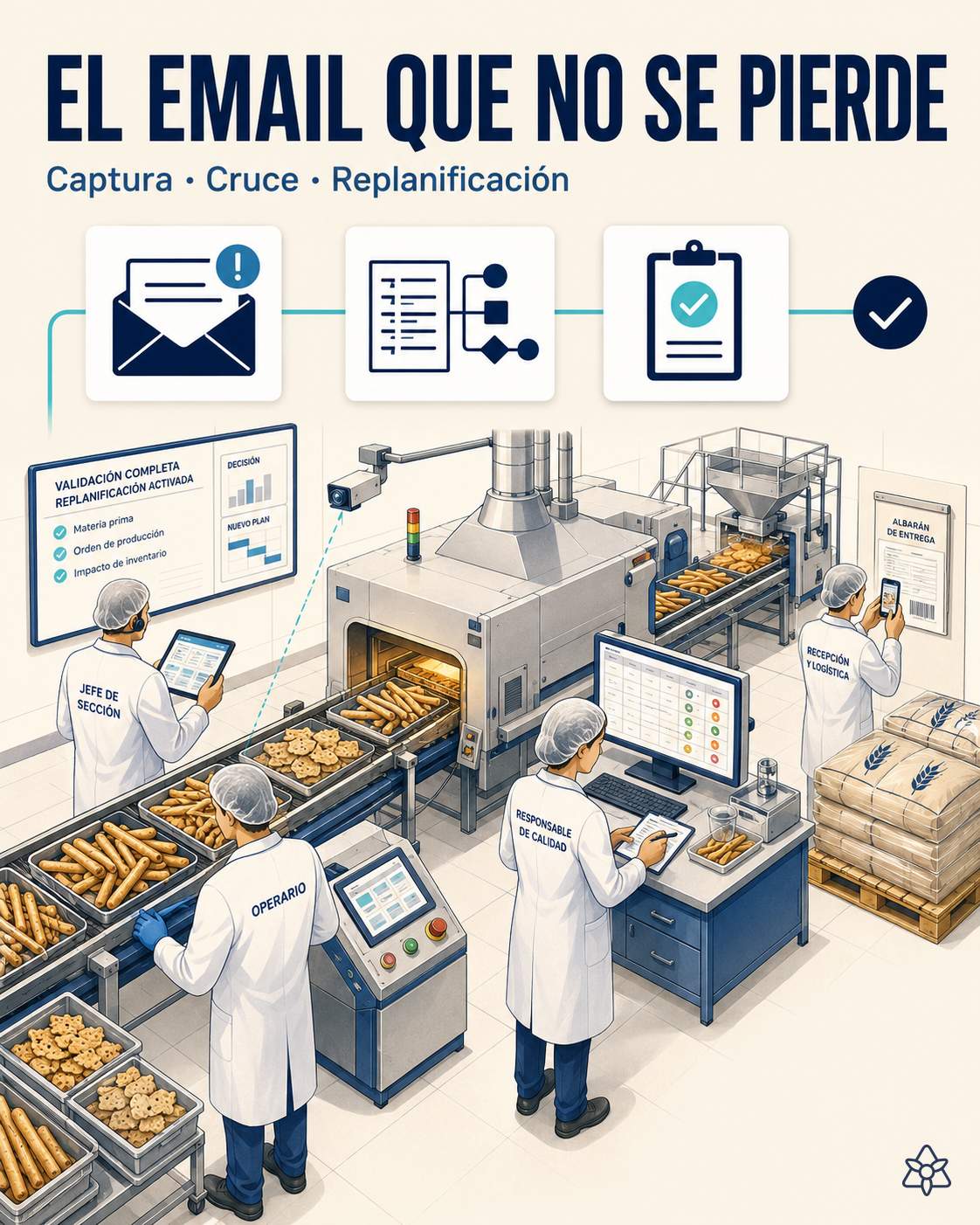 Bandeja de correo del jefe de compras con un email de proveedor avisando retraso de harina — iLEAN Connect leyéndolo en el segundo cero