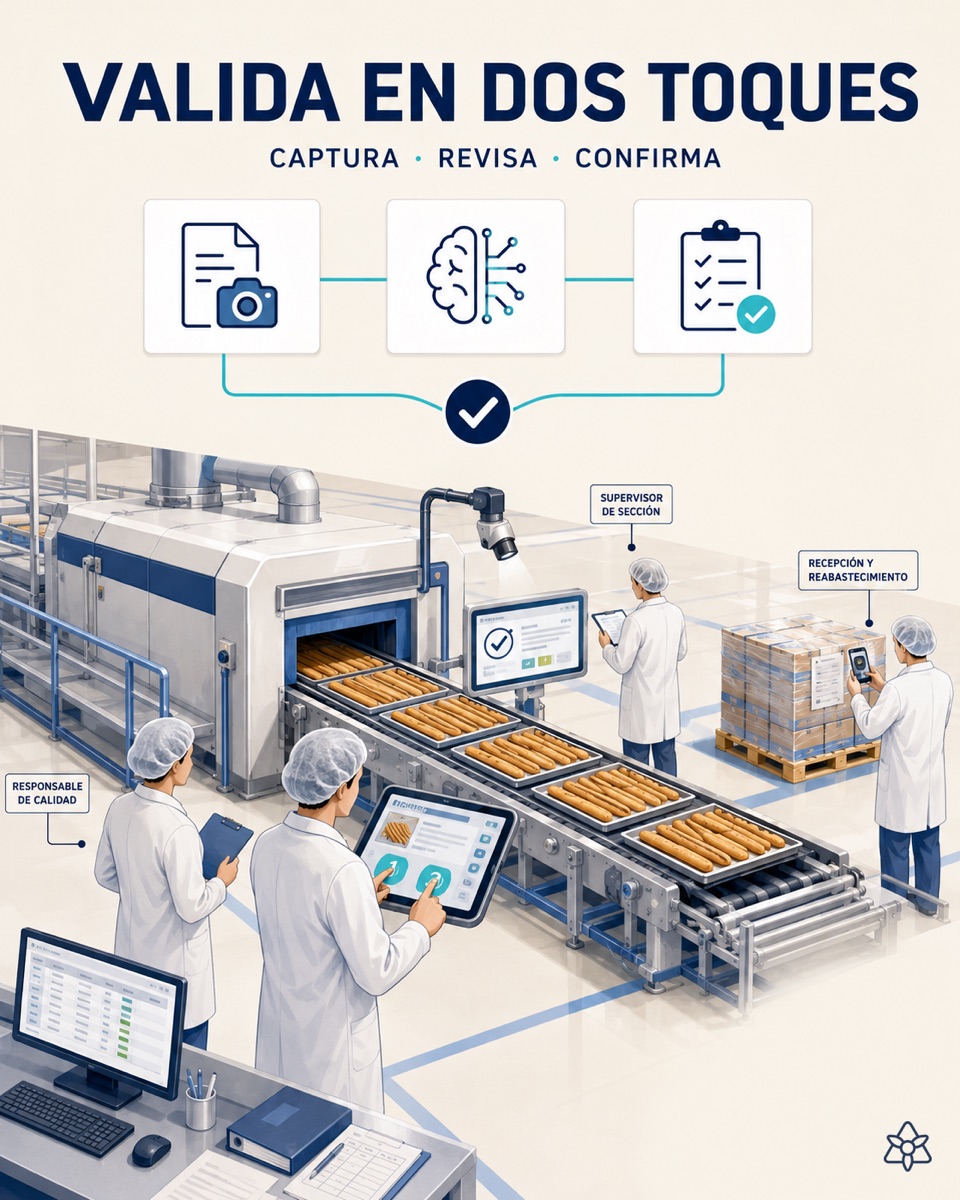 Industrial tablet hung on the breadstick and crispbread packing line, an operator validating with a glove a capture from iLEAN Connect — early human verification