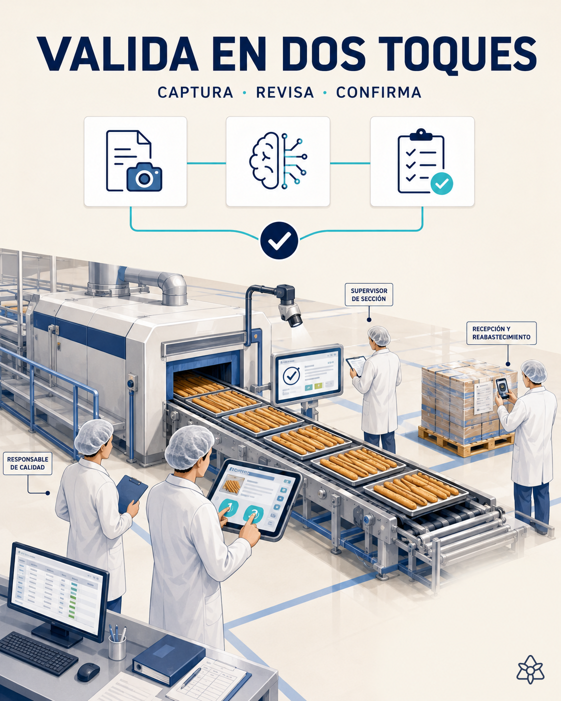 Tableta industrial colgada en la línea de envasado de picos y regañás, operario validando con guante una captura de iLEAN Connect — verificación humana temprana