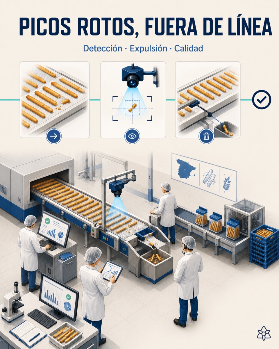 Food products line at the oven exit with an Edge camera inspecting each piece and an air-blast actuator ejecting a broken piece before packing