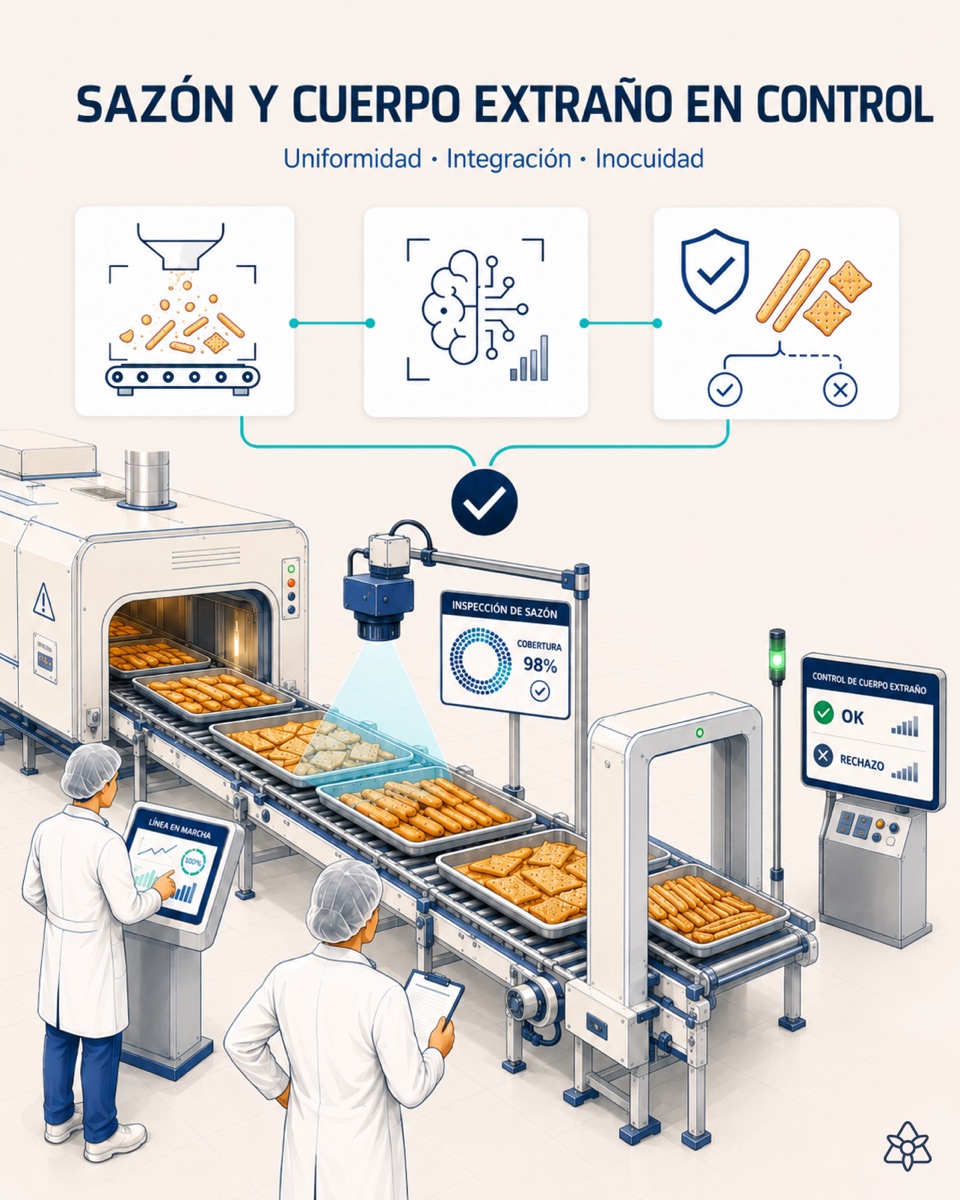 Breadstick and crispbread line at the oven's exit with an Edge camera measuring the salt and sesame seasoning, and a metal detector integrated before packing