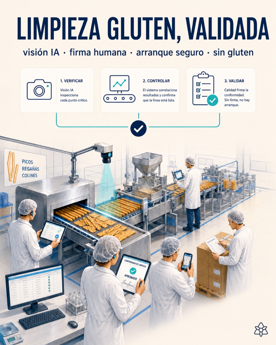 Edge camera inspecting the hopper and belt of a food production line after cleaning between a gluten batch and a gluten-free batch — AI vision validating the release