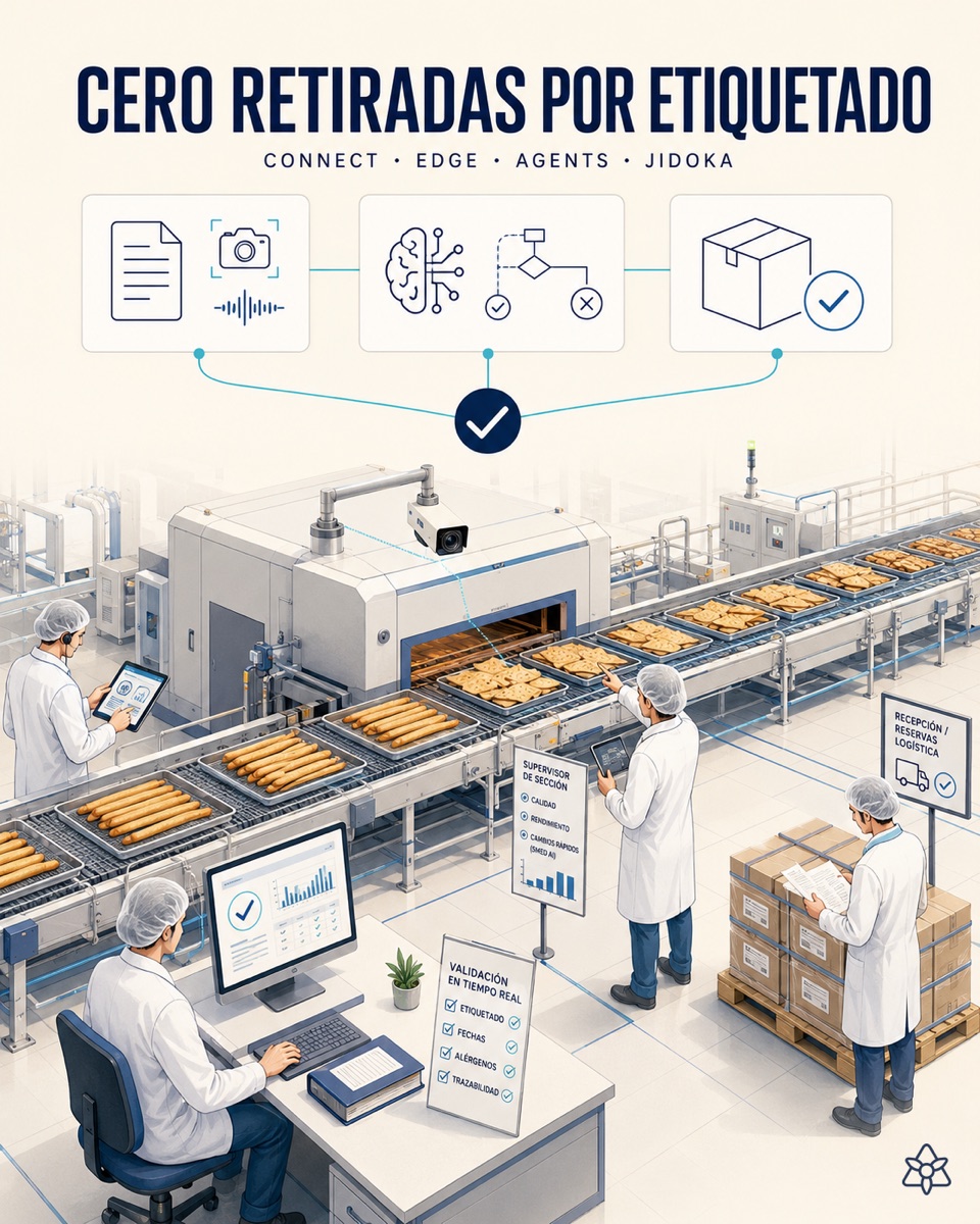 Breadstick and crispbread packing line with an Edge camera over the label and the coder, an operator with an earphone and an iLEAN personal assistant — an agentic labeling system for zero recalls
