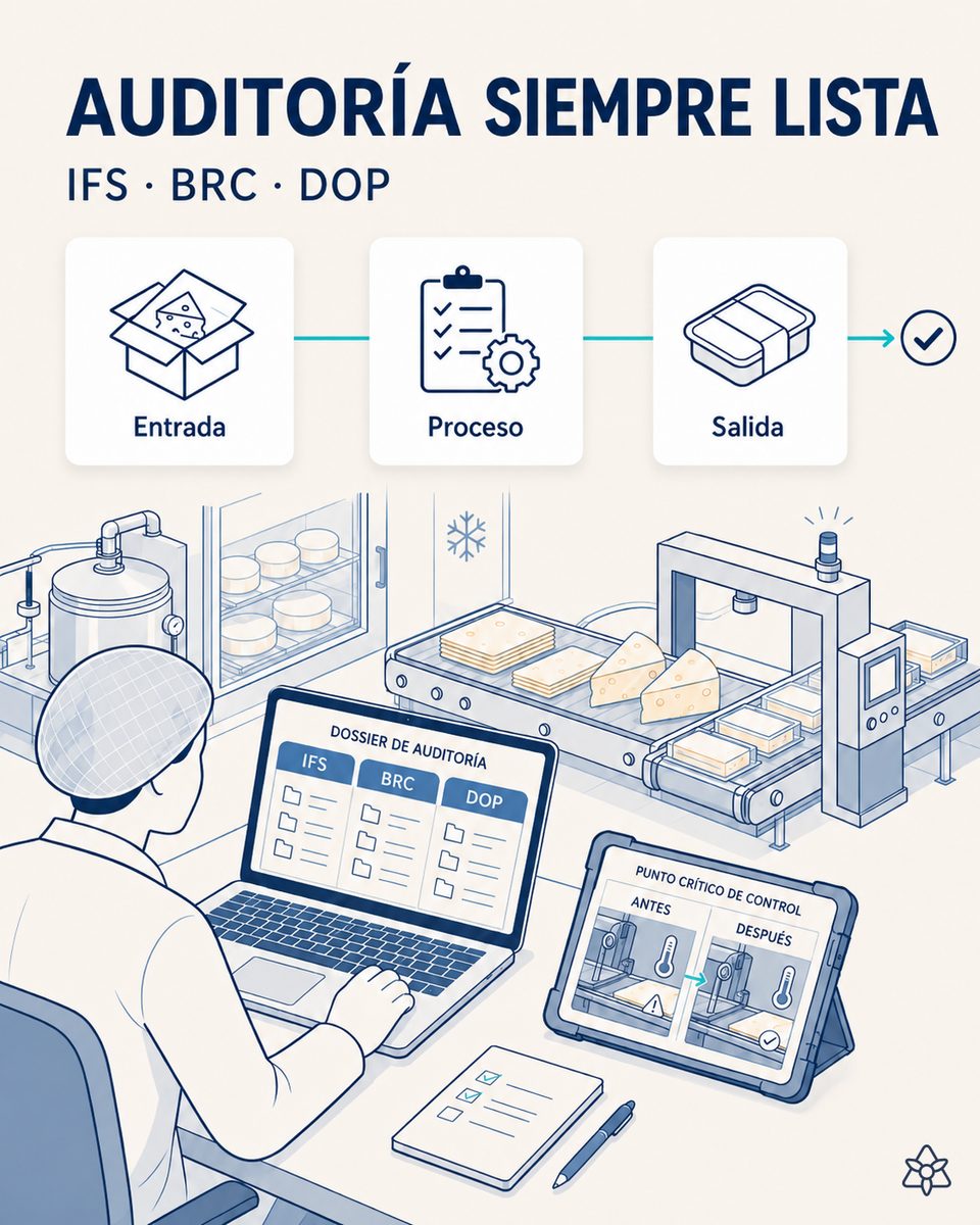 Responsable de calidad de una planta de transformación láctea consultando en un portátil el portal de auditoría con el evidence pack organizado por estándar