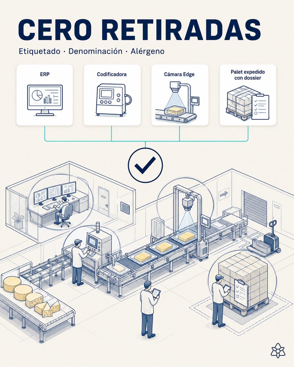 Planta de transformación láctea con cuatro puntos de verificación coordinados — ERP, codificadora y loncheadora, cámara Edge sobre la línea y palet con dossier de evidence pack — sistema agéntico iLEAN de 4 anillos para cero retiradas