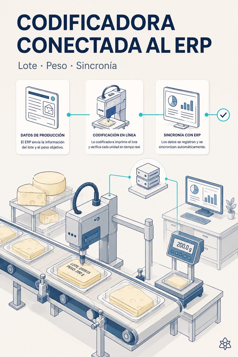Codificadora, balanza dinámica y loncheadora de una línea de queso transformado cosidas al ERP mediante iLEAN Connect, con el cambio de SKU sincronizado en las tres máquinas