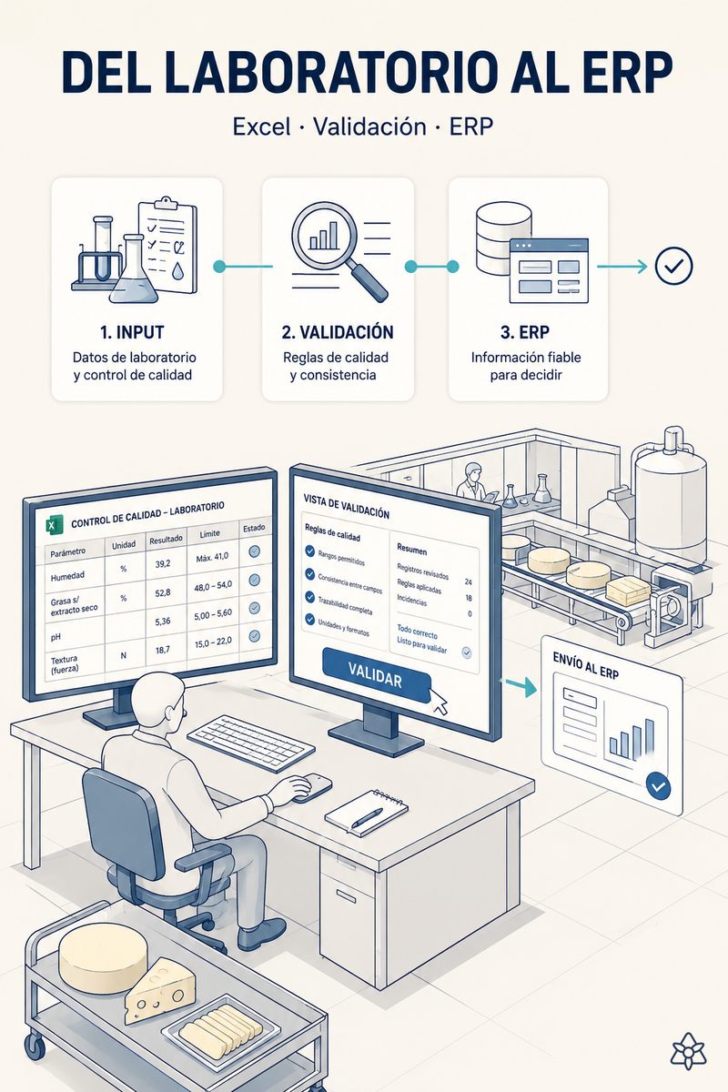 Responsable de laboratorio de una planta de transformación láctea guardando el Excel de calidad del turno en una carpeta compartida, con una tableta al lado mostrando la validación antes del volcado al ERP