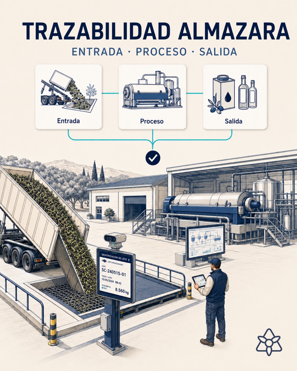 Olive oil mill weighbridge with a trailer of olives and a tablet showing the delivery linked to the grower by iLEAN — olive oil traceability with AI
