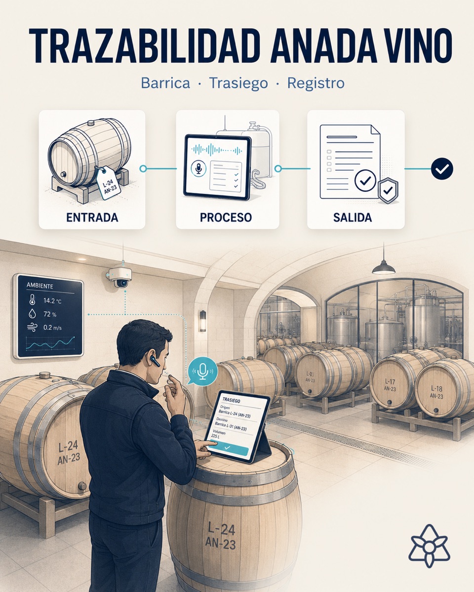 Barrel room with the cellar master and an iLEAN tablet over a numbered barrel — wine vintage traceability with AI