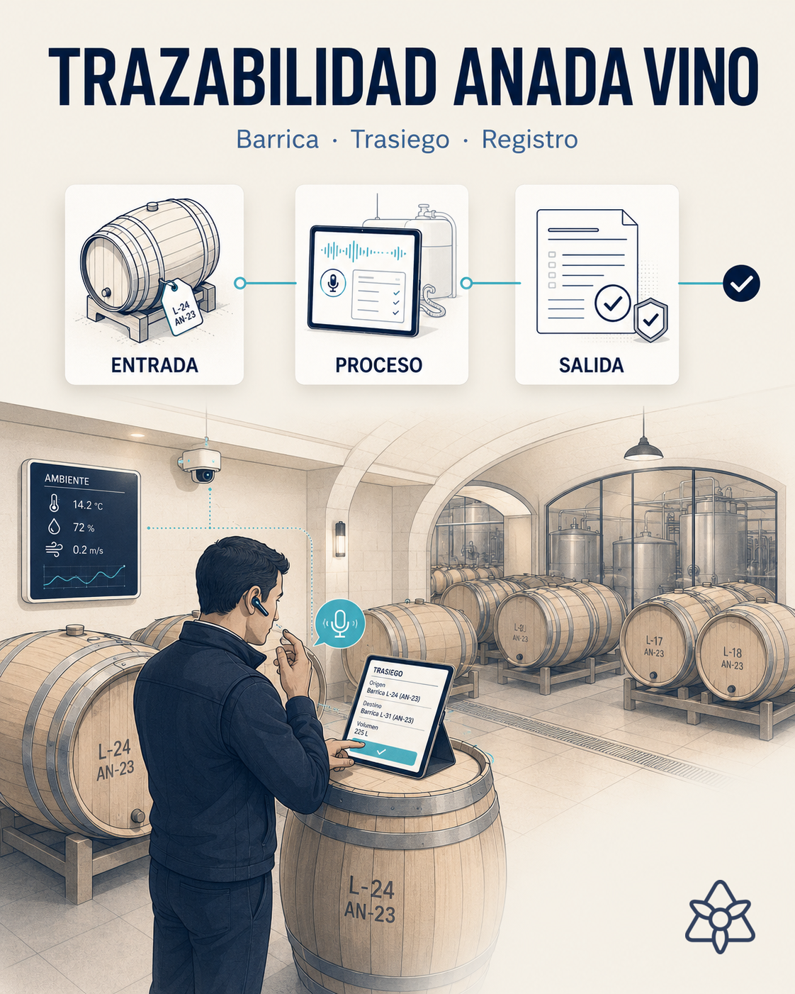Sala de barricas con responsable de bodega + tablet iLEAN sobre barrica numerada — trazabilidad de añada de vino con IA