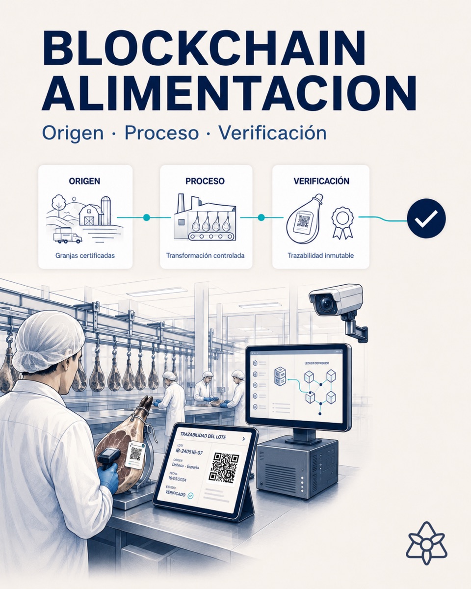Cutting room with a quality manager scanning a batch and an iLEAN terminal recording traceability for an external DLT — food blockchain traceability