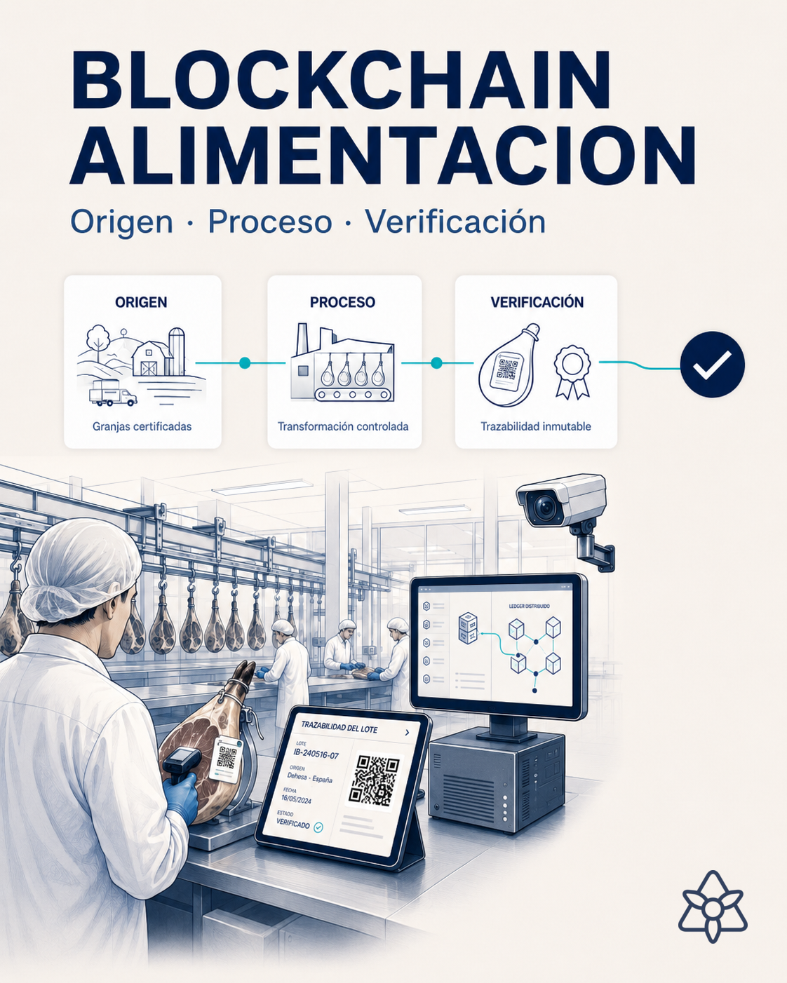 Sala de despiece con responsable de calidad escaneando lote y terminal iLEAN registrando trazabilidad para DLT externa — blockchain alimentación