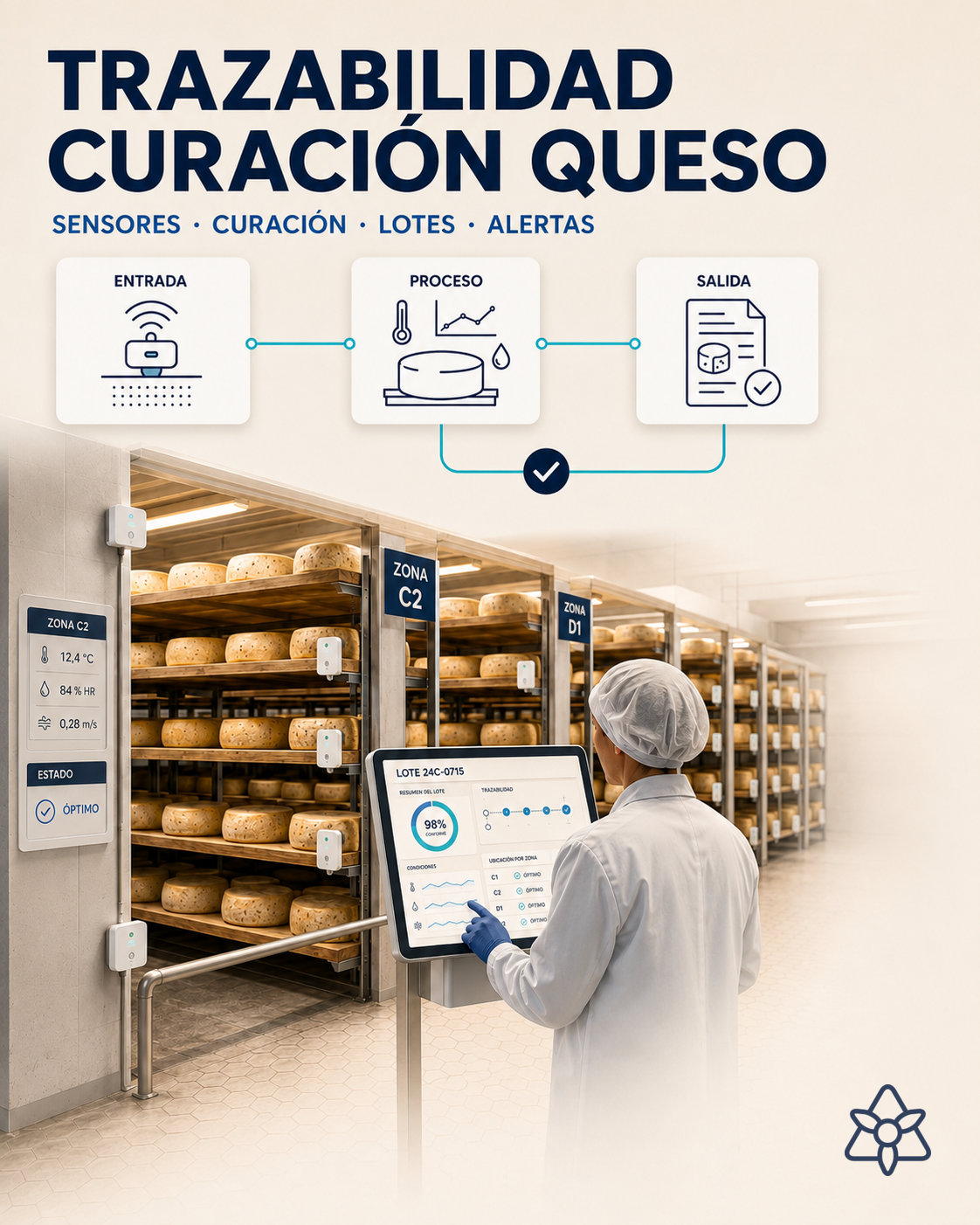 Cámara de curación de queso con sensores iLEAN Edge en estanterías y responsable de producción revisando el dossier por lote — trazabilidad continua de curación