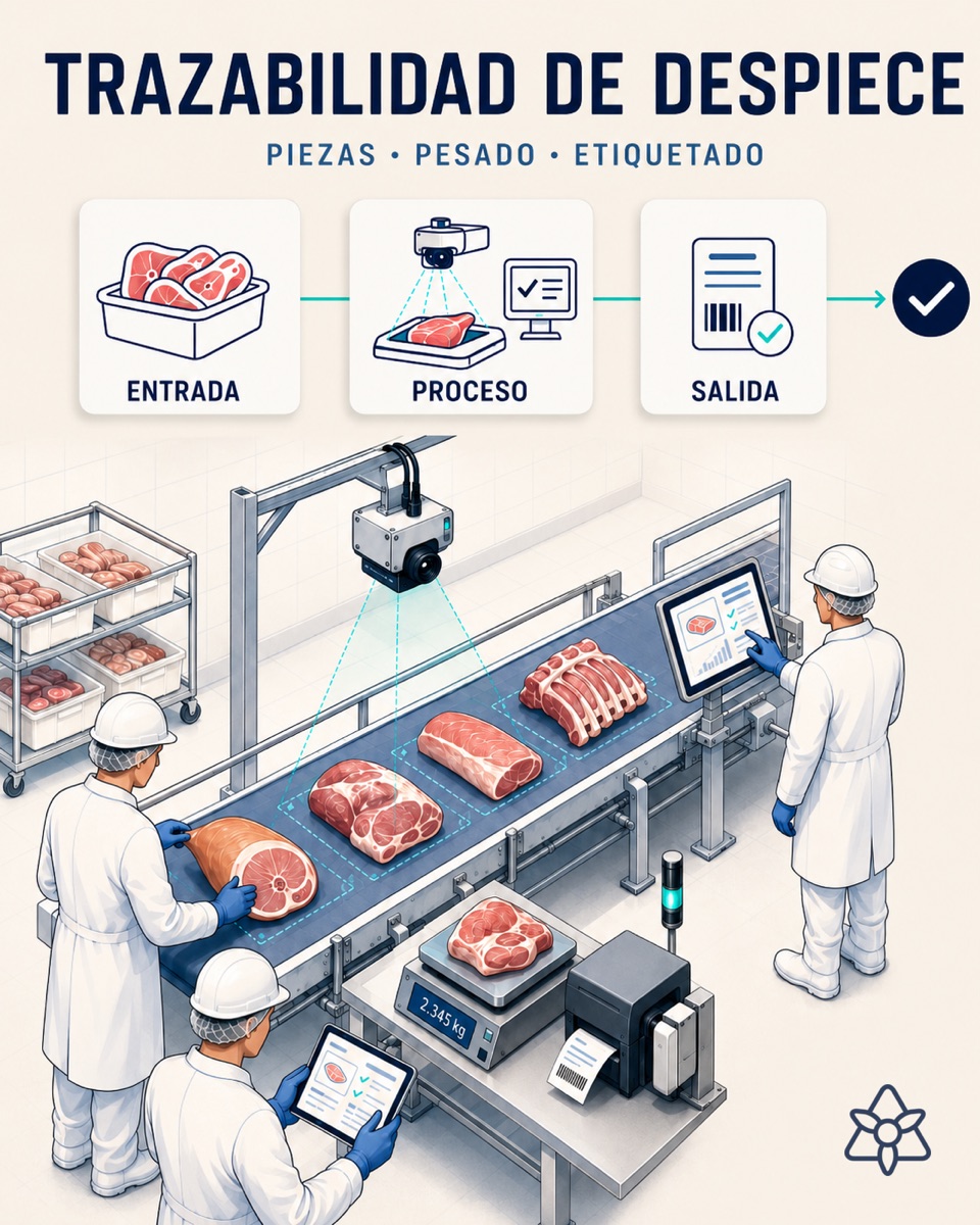 Pork cutting room with an Edge camera above the belt classifying cuts and an integrated weigh-labeler — AI vision for carcass-to-cut traceability