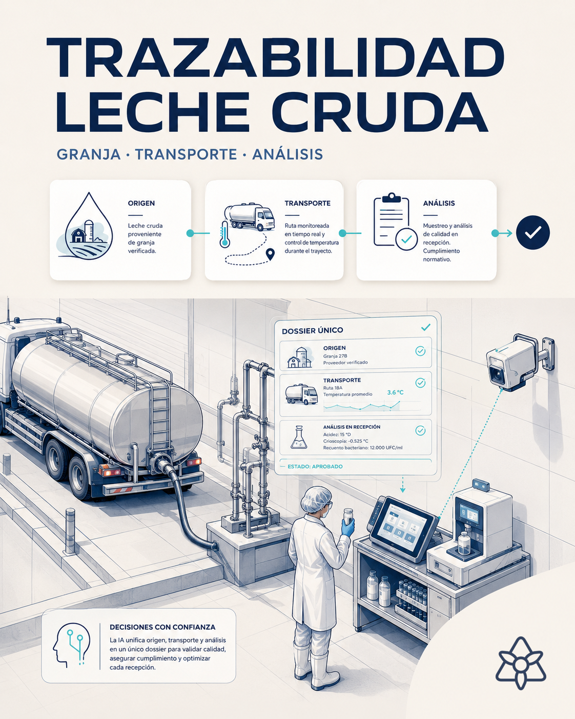 Cisterna de leche cruda en muelle de recepción con técnico tomando muestra, panel iLEAN cruzando ruta granja y análisis de entrada — trazabilidad de leche cruda