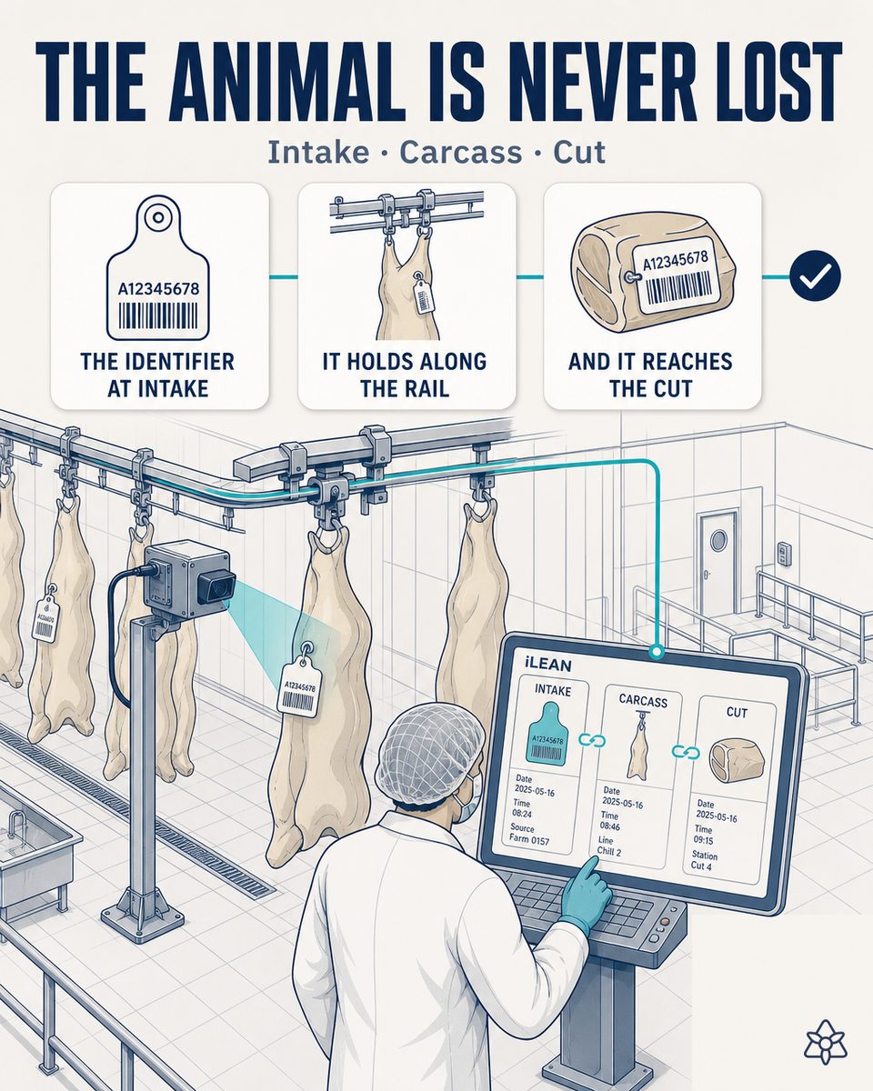 Beef slaughter hall with an iLEAN camera reading the ear tag on the animal's ear, a tagged hook and a screen showing the digital bovine passport — AI identification
