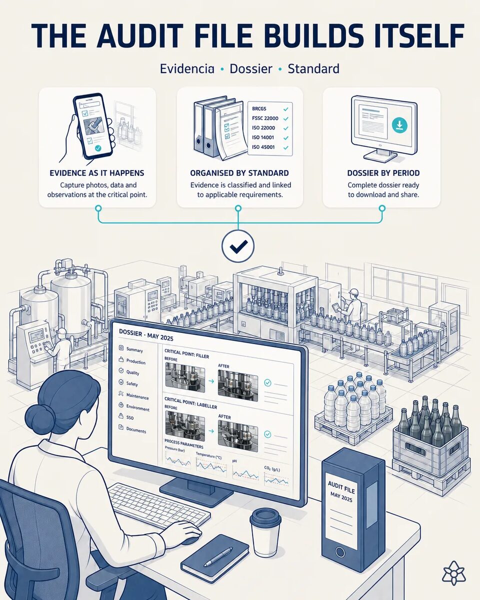 Quality manager at a bottling plant reviewing an audited period file on screen, with hygiene records, batch releases and certificates indexed