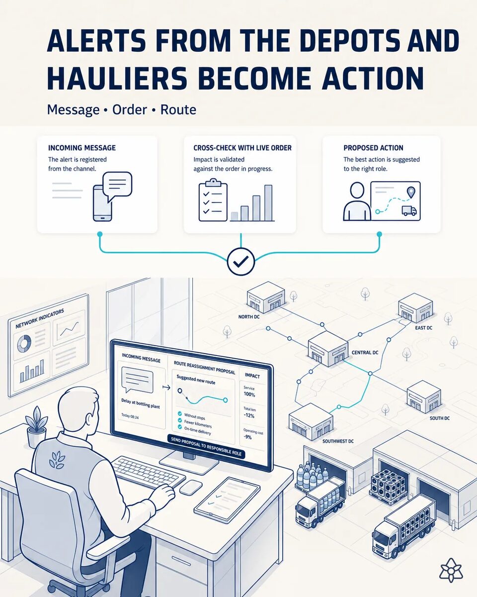 Distribution coordinator at a bottler reviewing order and inventory status across several depots alongside an alert from a hauler