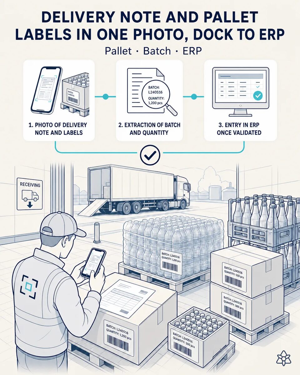 Receiving supervisor photographing the delivery note and a preform pallet label at the dock of a bottling plant, with cap pallets behind