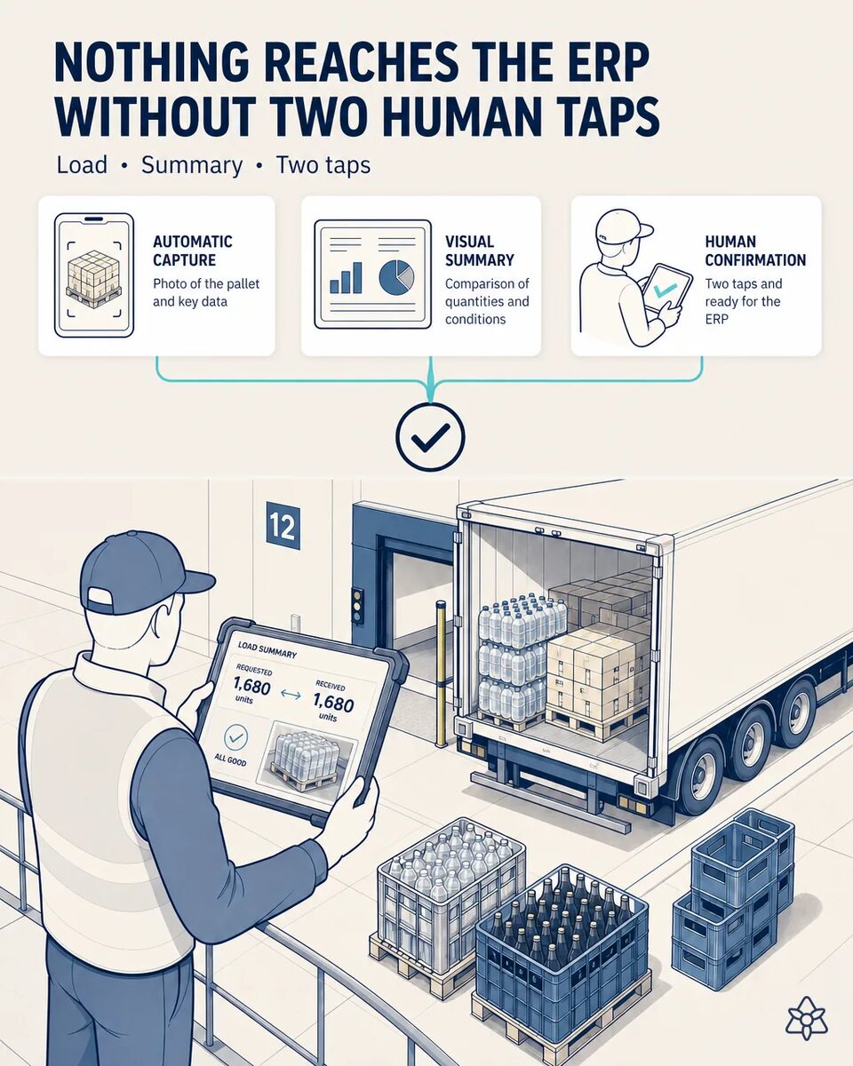 Loading supervisor validating on an industrial tablet the count of product cases and empty containers before releasing the dispatch, with the truck at the bay