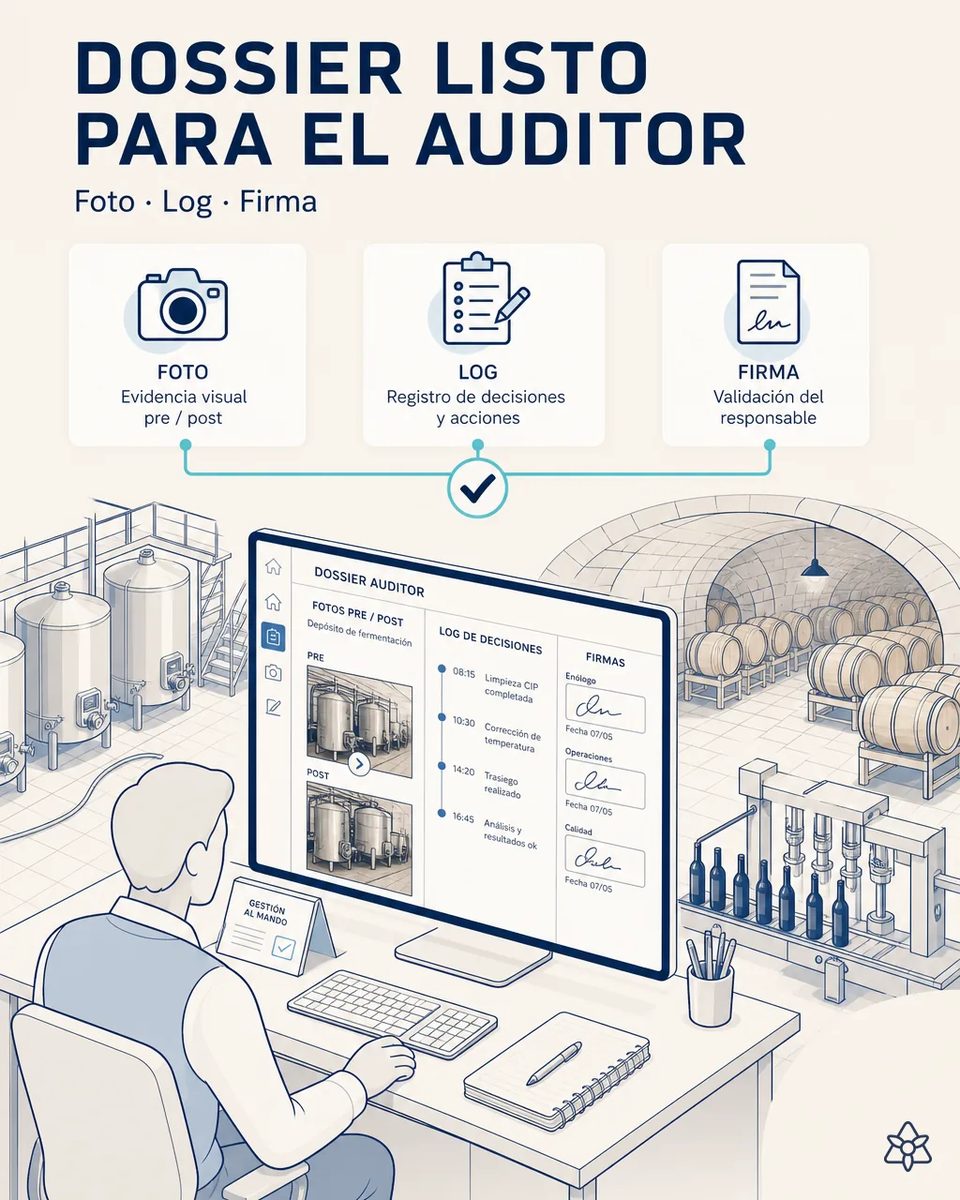 Responsable de calidad ante un monitor con el dossier del auditor: fotos pre y post de un depósito de fermentación, registro de limpieza y trasiego, y firmas del enólogo, con sala de barricas al fondo